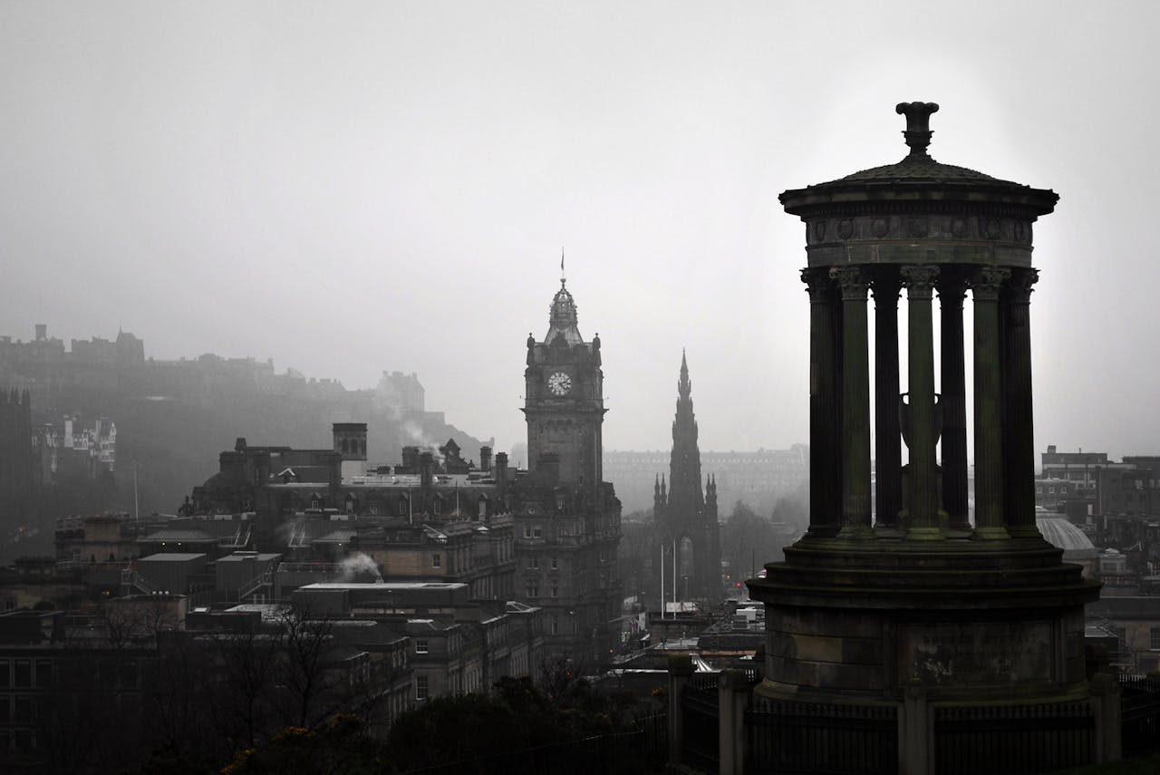 A black and white photo of Edinburgh, capital of Scotland